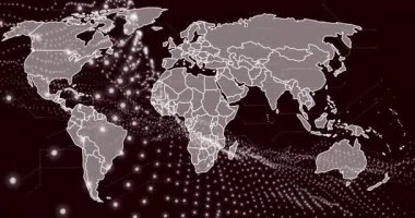 Küresel veri akışını gösteren beyaz düğümler doğuya doğru sürükleniyor. Dijital, ağ, bağlantı, fütüristik, soyut, görselleştirme, teknoloji