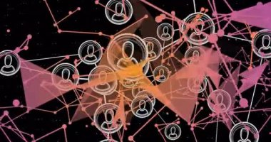 Pembe halkalar beyaz daireler çiziyor ve turuncu uçaklar ağı dağıtmadan önce turuncu düğümler atıyor. Soyut, bağlantı, fütürizm, dijital, teknoloji, yenilik, ağ