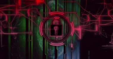 Soldan gelen soluk kırmızı devre çizgileri, veri güvenliğini işaret eden asma kilit ikon ızgarasını çalıştırıyor. Siber uzay, dijital, güvenlik, şifreleme, teknoloji, koruma, ağ