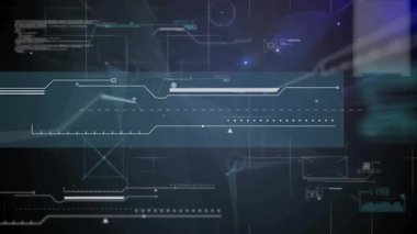 Noktalar parlayan panellere çarpıyor konnektörler iz sürme şekilleri ortaya çıkıyor ve gelecekteki arayüzü oluşturuyor. Gelecekçi, teknoloji, dijital, arayüz, holografik, siber, ui