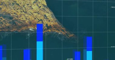 Izgara ortaya çıktığında, çubuklarla yükselen veriler, dolgu haritası, kıyı ölçümlerini gösteren çizgiler. Soyut, infografik, dijital, teknoloji, yenilik, analiz, görselleştirme