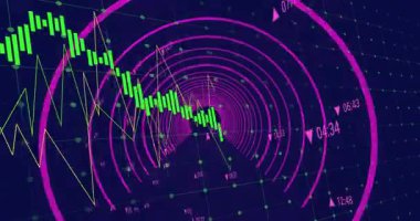 Görünüşte neon şamdanlar ve pembe halkalardan geçen sarı çizgi piyasa düzelmesini gösteriyor. Fütürist, dijital, soyut, teknoloji, veri, görselleştirme, sanal