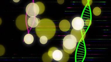 Başlangıçta ortaya çıkan, bükülen ve eğilen DNA sarmalları sürüklenen küreler, boşlukta titreşen arıza çizgileri. Fütürist, dijital, soyut, enerjik, biyoteknoloji, teknoloji, hareket