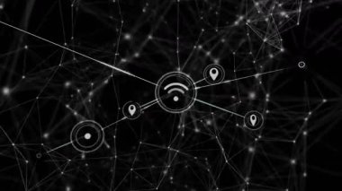 Merkezde beliren tek düğüm, ağ haritası oluşturan simgelerle dijital ağı başlatıyor. Teknoloji, bağlantı, siber alan, veri, yenilik, görselleştirme, iletişim
