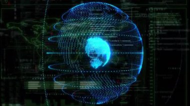 Başlangıçta, halkalar dönerken ve çubuklar veri akışını görselleştirirken dijital küre ortaya çıkıyor. Gelecekçi, veri görselleştirme, holografik, teknoloji, dijital arayüz, bilgi akışı, siber