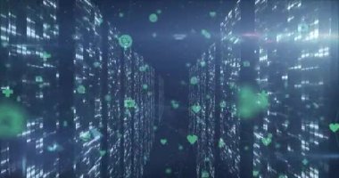 Yanan paneller tarafından tetiklenen simgeler ortaya çıkıyor ve veri akışını görselleştiren üç boyutlu veri koridorunda sürükleniyor. Teknoloji, siber güvenlik, veri görselleştirme, dijital ağ oluşturma, fütüristik, soyut, yenilik