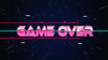 Köşede dönen üç boyutlu neon üzerinde oyun metni, kayan çubuklar, geriye dönük final için yıldız çizen parçacıklar. Gelecekçi, dijital, enerjik, enerjik, kozmik, retro, animasyon