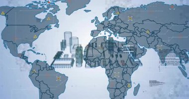 Şeffaf dünya haritası üzerinde yükselen ve veri transferi için doğuya doğru uzanan 3D bar kümesi. Küresel bağlantı, veri altyapısı, dijital ağ, teknolojik ilerleme, veri görselleştirme, bilgi akışı, uzaysal analiz