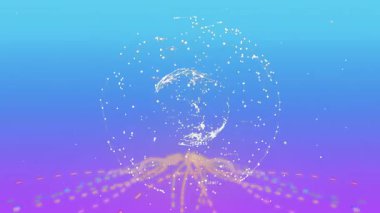 Menekşe mavisi renkte püsküren altın akıntılar dönen küre oluşturarak sayısal verileri görselleştiriyor. Soyut, veri görselleştirme, fütüristik, dijital, aydınlık, gezegensel, minimalist