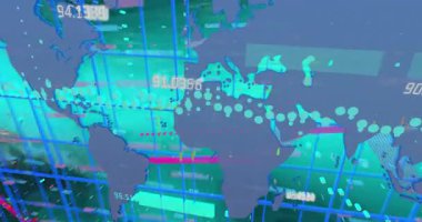 Düz dünya haritasını deniz mavisi ızgarasında açmak, noktalı yörüngeyi canlandırmak ve verileri görselleştirmek. Coğrafya, veri, analitik, teknoloji, yenilik, görselleştirme, gelecekçilik
