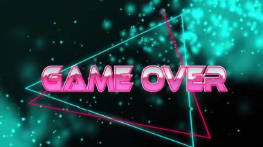 3D dönen mor oyun parlayan metin, üçgenler çizen, sinyal sonuna parçacıklar atan. Fütürist, dijital, siber, neon, soyut, teknoloji, hareket