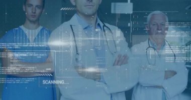 HUD panelleri görünürken ve tarama yoğunlaşırken tıbbi ekip ayakta duruyor. Analiz tamamlandı. Teşhis, sağlık, teknoloji, fütüristik, işbirliği, veri, yenilik