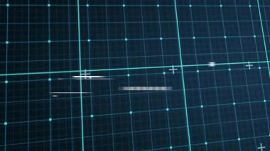 Beyaz çizgiler şebeke üzerinde tarıyor çizgi darbeleri ve sürüklenmeler artı çapraz işaretler üzerinden verileri gösteriyor. Fütürist, teknolojik, soyut, dijital, neon, hareket, örüntü