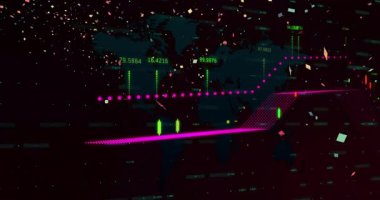 Oynatmada, dünya haritasında piyasa değişimlerini göstermek için dalgalanan grafik oluşturma hareketlerini başlatın. Veri, görselleştirme, analitik, bilgi, finans, teknoloji, gösterge paneli