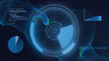 Başlangıçta radar arayüzü tarama taramasını dalga formuna yerleştirirken grafikler izleme için yükseliyor. Fütüristik, teknoloji, analitik, görselleştirme, dijital, veri, yenilik