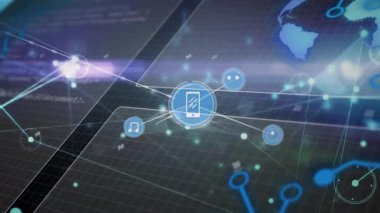 Mor süpürme küresel ağı oluştururken akıllı telefondan titreşen ve nota düğümlerini birbirine bağlayan hatlar. Fütürist, dijital, bağlantı, soyut, teknoloji, siber, ağ