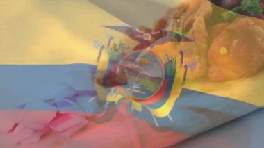 Bayrak üzerinde sallanan soğan, mantar ve aşçının maydanoz soslu bifteği. Mutfak, mutfak, yemek, gastronomi, tazelik, hazırlık, köy mutfağı.