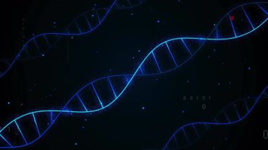 Helix iplikçiklerinin ortaya çıkması veri entegrasyonunu temsil eden kod kaydırması gibi bitlerin sürüklenmesini tetikler. Teknoloji, yenilik, dijital, siber güvenlik, fütürizm, ağ, veri