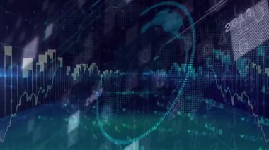 Kare çubuklar ve çizgi grafikleri ortaya çıkıyor, bu da küresel dönüşün ve halka titreşimlerinin yıllık eğilimleri göstermesine neden oluyor. Teknoloji, veri görselleştirme, dijital animasyon, analitik, gelecekçilik, yenilik, finans