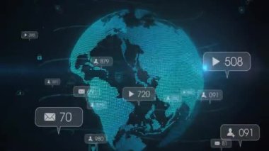 Kapalı nokta haritası açılıyor. Dönen göktaşı küresine dönüşüyor. Ölçümleri gösteren veri baloncukları yayıyor. Teknoloji, bağlantı, siber güvenlik, veri görselleştirme, dijital ağ, siber güvenlik, eş zamanlı analitik