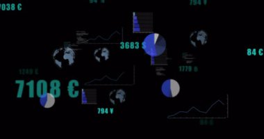 Karanlık ekran 2173 'ü gösteriyor. Nabız çizelgeleri başlatılıyor, dönen küreler, finans etiketleri güncelleniyor. Gelecekçi, analitik, veri, görselleştirme, dijital, arayüz, teknoloji..