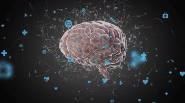 Tıbbi simgeler beyin bağlantısını gösterirken, parlak sinirsel çizgiler beyni döndürüyor. Nörobilim, veri görselleştirme, dijital sağlık, bilişsel, teknolojik, yenilik, tıbbi ağ