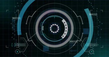 Karanlık şebeke ve halka ana hatlarıyla başlayan HUD dönen halkalar ve ikili kaplama oluşturma arayüzü. Gelecek, teknoloji, arayüz, veri, dijital, siber, yüksek teknoloji