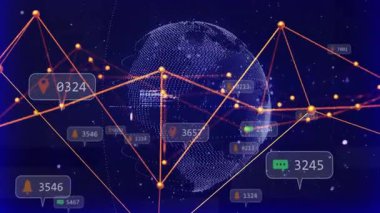 Boşluk açılıyor, 3D mavi küre ortaya çıkıyor, dünya turuncu ağını genişletiyor, veri güncelleyen simgeler açılıyor. Teknoloji, siber uzay, dijital, ağ, veri, bağlantı, gelecekçilik