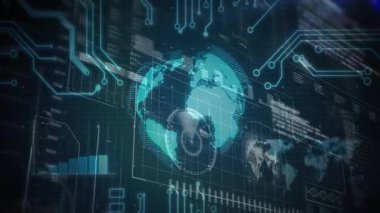 Arayüz açılıyor, dünya gerçek zamanlı gösterge paneli için büyüyen grafiklerle dönüyor. Fütürist, teknoloji, dijital, analitik, yenilik, siber güvenlik, bağlantı
