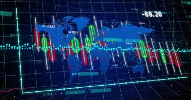 ızgara oluşumu mavi haritanın ortaya çıkmasına, çubukların yükselmesine, çizgi grafiğinin ortaya çıkmasına, piyasa gerilemesini göstermesine neden oluyor. Veri görselleştirme, dijital ekonomi, finansal analiz, neon teknolojisi, fütüristik arayüz, pazar eğilimleri, analitik grafikler