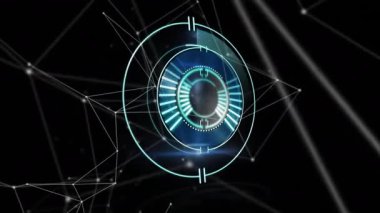 Lacivert arayüz taraması başlatılıyor. Çevirici halkalar ve ağ taraması için çeviriliyor. Fütürist, teknoloji, dijital, geometrik, soyut, veri, arayüz