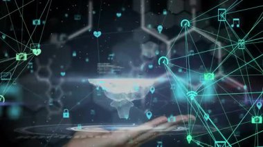 Elle giriş, cisimlendirme ve döndürme 3 boyutlu beyin projeksiyonu ağ haritası oluşturarak verileri görselleştiriyor. Teknoloji, yenilik, veri, bağlantı, dijital, yapay zeka, görselleştirme