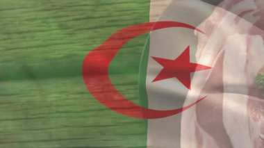 Cezayir bayrağı dalgalanır, dökme demir tava sunulmak üzere maydanozlu çiğ etle kayar. Ulusal amblem, aşçılık, köy mutfağı, mutfak gereçleri, geleneksel malzemeler.