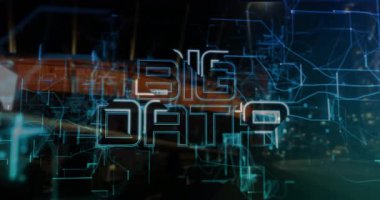 Turuncu otobüs mavi hatlar alıyor, arıza yapıyor, büyük veri metnini ortaya çıkarıyor, sinyal şebekesi görselleştiriyor. Fütürist, teknoloji, dijital, siber, kentsel, soyut, yenilikçi