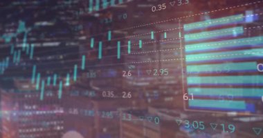 Mum çubukları, bar panelleri ve halka çizelgeleri kayboluyor ve pazar eğilimlerini görselleştirmek için güncelleniyor. Finans, veri, analitik, yatırım, teknoloji, modern, dijital