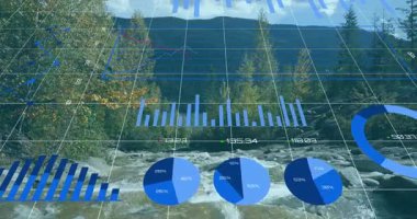 Akış akışı 3D ızgarayı başlatıyor, pasta dilimleri genişliyor, çubuklar yükseliyor, çizgiler trendleri canlandırıyor. Dijital görselleştirme, veri analizleri, bilgi, 3D tasarım, orman manzarası, çevre verileri, teknolojik kavram