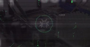 Baygın HUD kaplama bankı güvenlik taraması başlatılıyor devre hatları tarafından çerçevelenmiş böcek simgesi etrafında tarama. Teknoloji, siber güvenlik, dijital, geleceksel, yenilik, arayüz, donanım