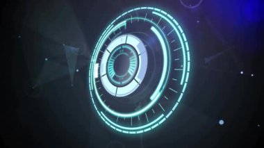 Parlayan halka dönerken ve ağ düğümleri HUD 'ye bağlanırken alevleri yükselt ve başlat. Gelecek, teknoloji, dijital, soyut, ağ, arayüz, holografik