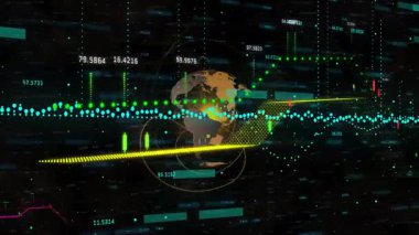 Karanlık ızgarada açılıyor, dünya dönüyor, parmaklıklar yükseliyor, ok oluşturuluyor, yükseliş eğilimini gösteriyor. Veri, görselleştirme, teknoloji, analitik, fütüristik, dijital, yenilik