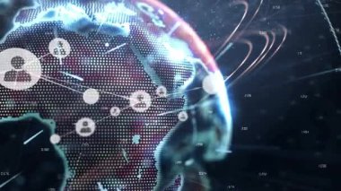 Noktaları gösteren holografik küreyi döndürmeye başlarken, ağ büyümesini sağlayan kullanıcı simgeleri ortaya çıkar. Dijital, bağlantı, teknoloji, yenilik, fütürist, ağ, veri