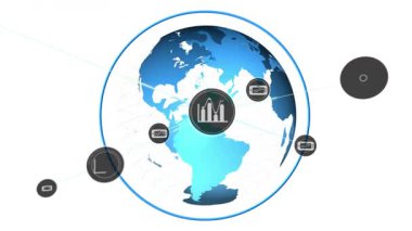 Mavi halkada ortaya çıkan üç boyutlu küre. Ağı göstermek için veri simgeleri kayıyor ve yörüngede dönüyor. Genel, bağlantı, teknoloji, dijital, ağ, veri, görselleştirme