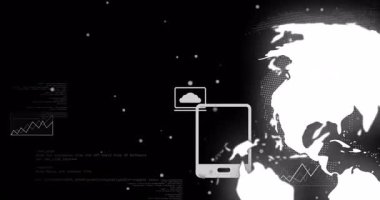 Dönen dünya başlangıç simgeleri beliriyor, grafikler çiziliyor ve veri akışı için vitesler dönüyor. Teknoloji, yenilik, analitik, dijital, siber güvenlik, veri görselleştirme, ağ