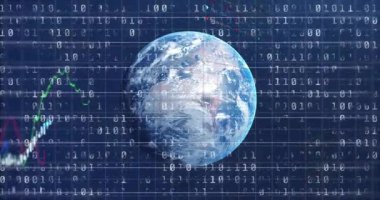 İkili kaplama ile 3 boyutlu Dünya 'dan başlayarak, ortaya çıkan ve dönen çizgi grafikleri canlı verileri gösteriyor. Genel, analitik, görselleştirme, teknoloji, dijital, veri, finans