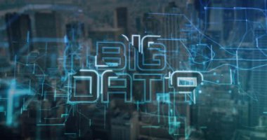 Yanıp sönen neon devreler veri akışını gösteren siluet çizgisinde titreşen büyük DATA harfleri oluşturuyor. Teknoloji, siber, dijital, fütüristik, kentsel, yenilik, bağlantı