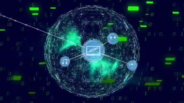 Ağ büyümesini gösteren veri bloklarını bağlarken üç boyutlu kablo küresi yumurtlayan simge düğümleri ortaya çıkıyor. Teknoloji, siber güvenlik, veri görselleştirme, dijital evren, bilgi ağı, fütüristik, soyut