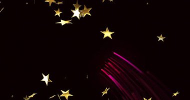 Sürüklenen altın yıldızların üzerinde, kırmızı kurdeleler ortaya çıkar ve dalgalanır, siyah boşlukta kemer oluştururlar. Soyut, hareketli, zarif, kozmik, akıcı, enerjik, zengin.