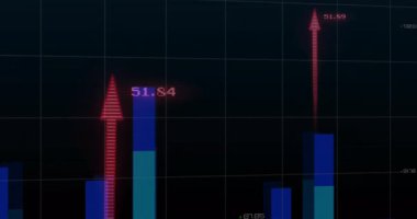 46.03 'te açılan kırmızı ok, ızgarada kayan çubuklar, ortaya çıkan harita, grafik izleme eğilimleri. Kontrol paneli, veri görselleştirme, analitik, finans, teknoloji, dijital, eğilim analizi