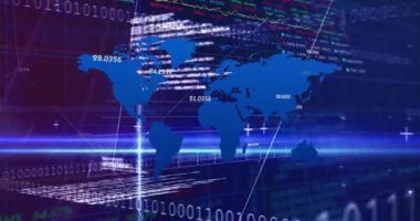 Yatay ışın, dünya haritasını tarıyor. Finansal gösterge panelini gösteren titreşimli grafiklerle noktaları birleştiriyor. Teknoloji, veri, analitik, ağ, yenilik, dijital, finans