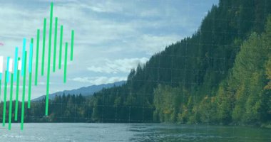 Çubuklar soluyor, sağa doğru yükseliyor ve kayıyor, kırmızı dalga hareket ediyor, deniz mavisi çizgisi nehir manzarası üzerinde veri eşleştiriyor. Doğa, manzara, veri görselleştirme, soyut, çevresel, dijital, uyum