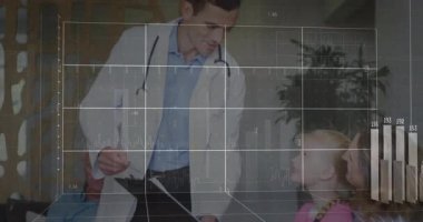 Doktor, anne ve kızına danışırken 3D tıbbi tabloların geri çekildiğini not ediyor ve başlatıyor. Sağlık, tıp, meslek, danışma, tanı, hasta, klinik